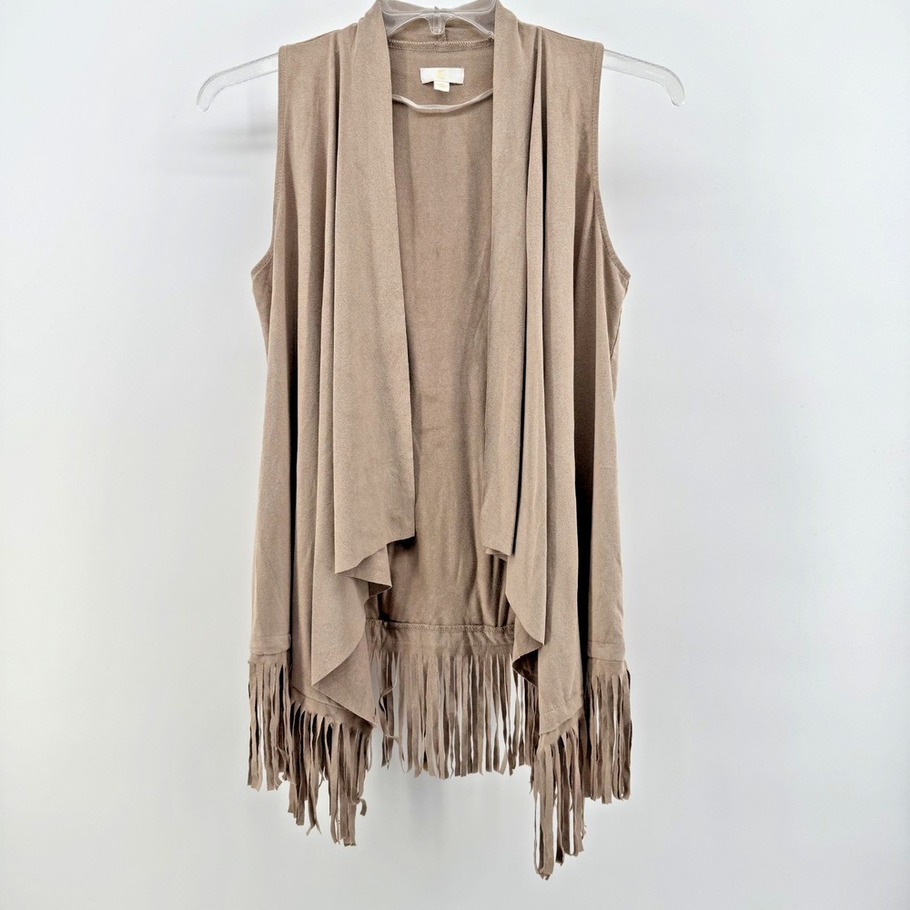 Charming Charlie Women's S Tan Faux Suede Fringe Vest Sleeveless Western Boho